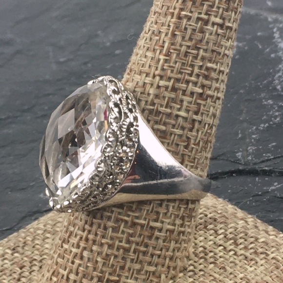 Sterling Silver Checkerboard Cut Crystal Marquise Ring 9 - Picture 4 of 12